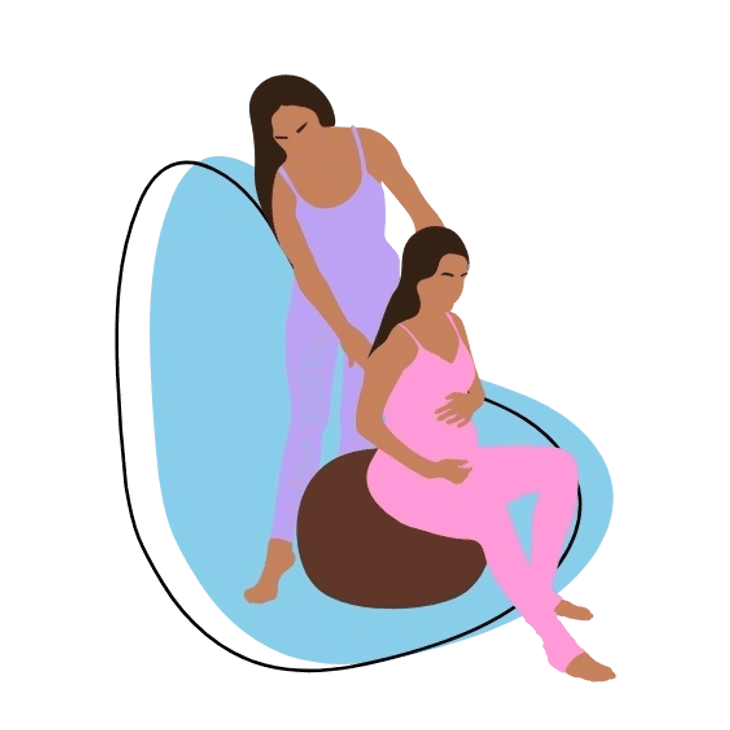 Doula supporting a mother on a birthing ball
